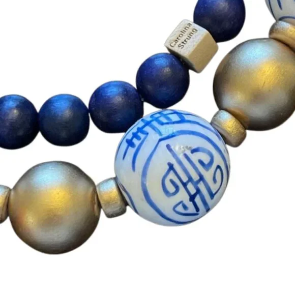 Carolina Strung Chinoiserie Porcelain & Wooden Bead Necklace Artisan - Picture 4 of 4